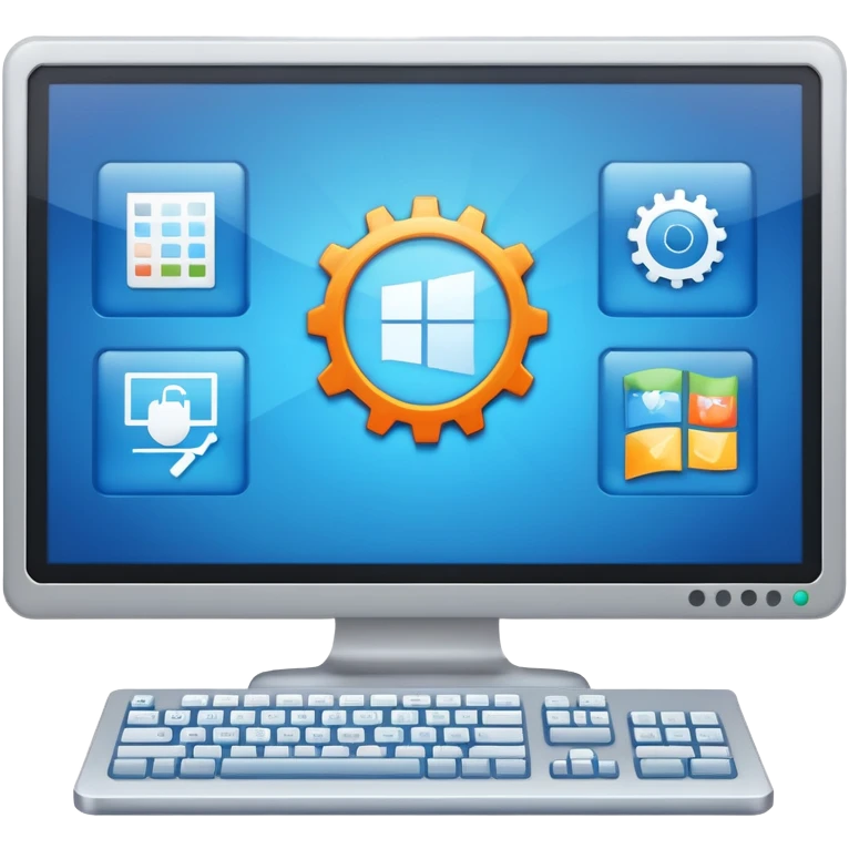An icon featuring a computer screen with an operating system interface, showing windows, icons, and a taskbar. The design includes code snippets, system settings, and a gear symbol, representing the management and control of computer hardware and software. Transparent background emoji