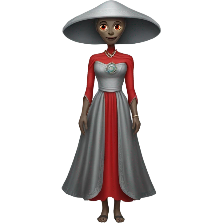 a gray alien woman, full body, in red Romanov dress emoji