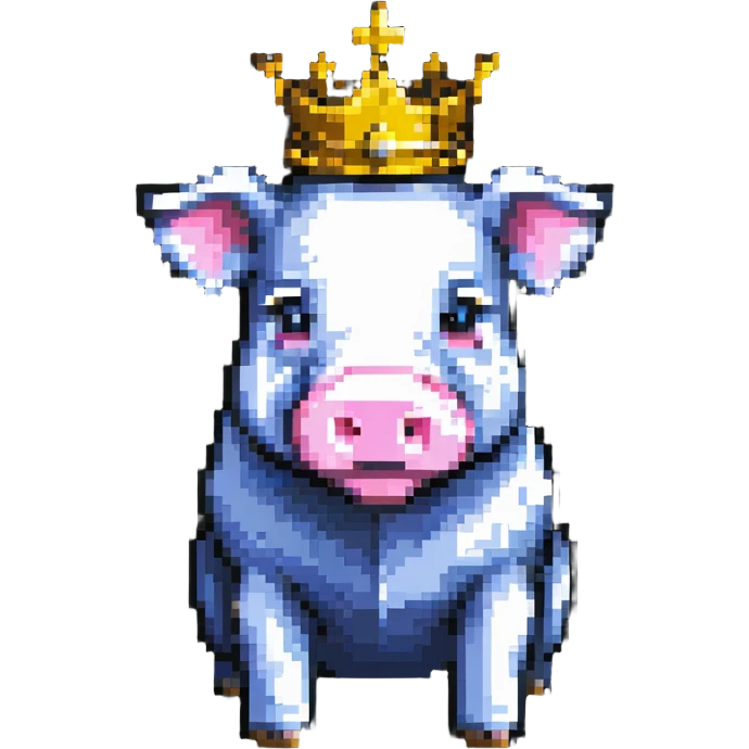 cute anime style pig with a golden crown, inspired by Technoblade, made out of Minecraft blocks, blocky and pixelated, expressive and charming emoji