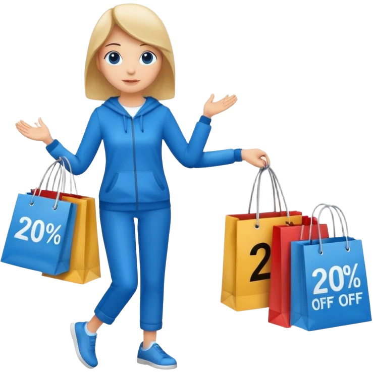 Person who is waiting the sale promotion with 20% off sign, wearing blue outfit and hanging some shopping bags emoji