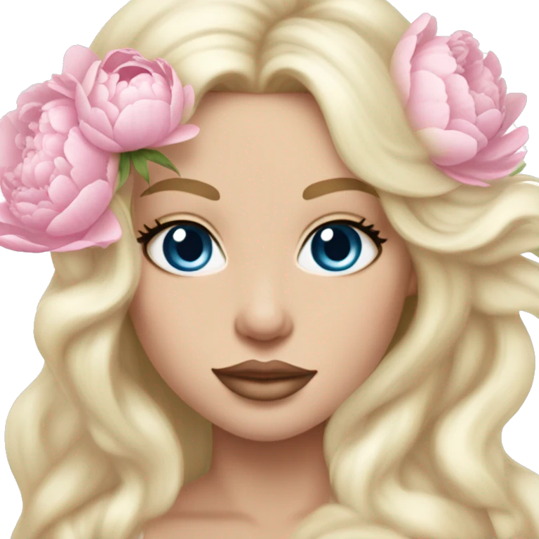 White bride with long light blonde hair and blue eyes with light pink peonies in hair white skin light pink lips emoji
