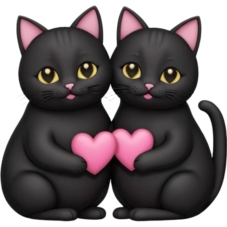 two fat cute black cats love, pink heart, closed mouth, black ears emoji
