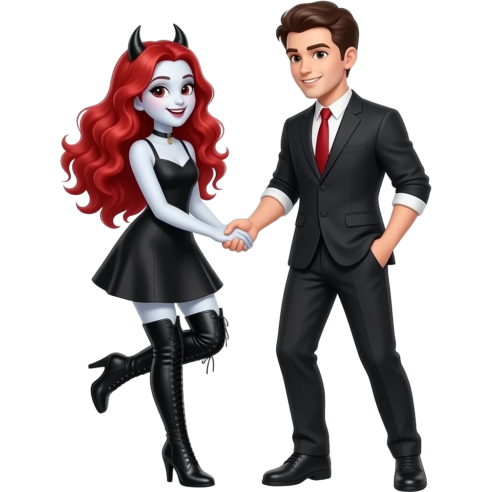 Vampiro femmina ADOLESCENTE con pelle bianca e capelli rosso ondulati lunghi che indossa un vestito corto nero e degli stivali lunghi neri con tacco e balla che balla con il suo fidanzato FIDANZATO e sono felici emoji