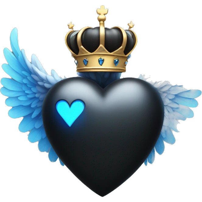 Black colored heart with wings and blue flames and a silver crown emoji