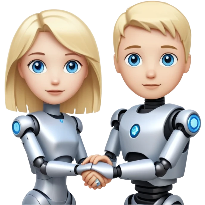 Make a human robot holding hands with a white girl with blue eyes and blond hair emoji