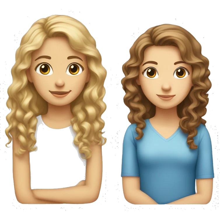 Two girls sitting: one with brown eyes, straight long brown hair, fair skin, and the other with shoulder-length, curly blonde hair, blue eyes. emoji
