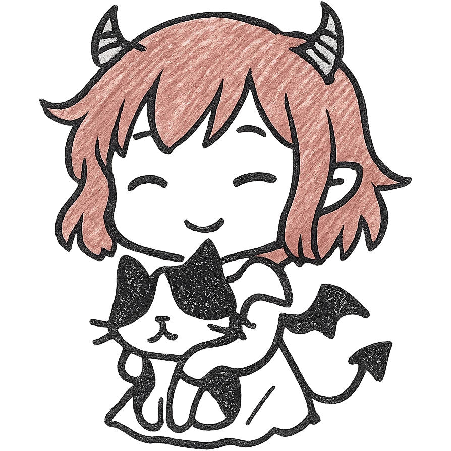 A chibi version of a character with red hair, horns, and a black and white cat, in a hand drawn style. emoji