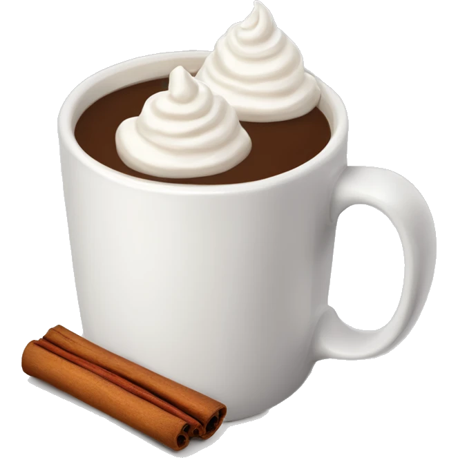 “A white mug of hot chocolate with whipped cream, a cinnamon stick, and steam rising.” emoji