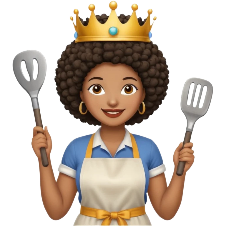 Mujer curvy afro, con vestimenta cómoda y delantal,con una corona sobre su cabeza y sonrisa contagiosa y herramientas  emoji