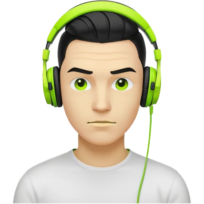 yellow-skinned guy head with slicked back black undercut hair and neon green headphones, cool expression emoji