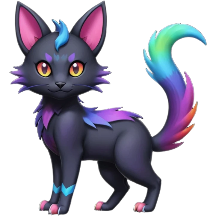 Obsidian-pitch-Black with rainbow-markings edgy Noibat-Purloin-Torracat-Lykoi-Caracal-cat-Fakemon-fusion-hybrid-creature emoji