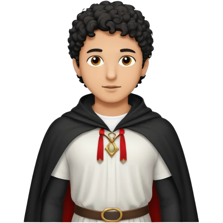 Apariencia: Joven de unos 25-30 años, atractivo,.
-Rostro: Ojos oscuros, piel ligeramente morena, rasgos árabes finos.
-Cabello: Negro, rizado corto, viste como cristiano (camisa blanca, capa corta, colores sobrios). Que salga de cuerpo completo emoji