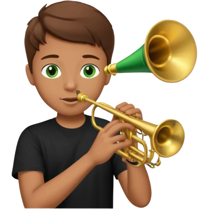 young man with brown hair that goes up, green eyes who plays a trumpet, black t shirt emoji