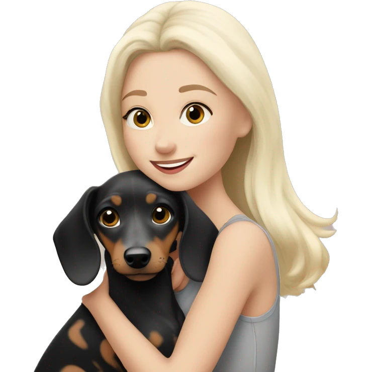 White blonde girl hugging black and grey spotted dachshund  emoji