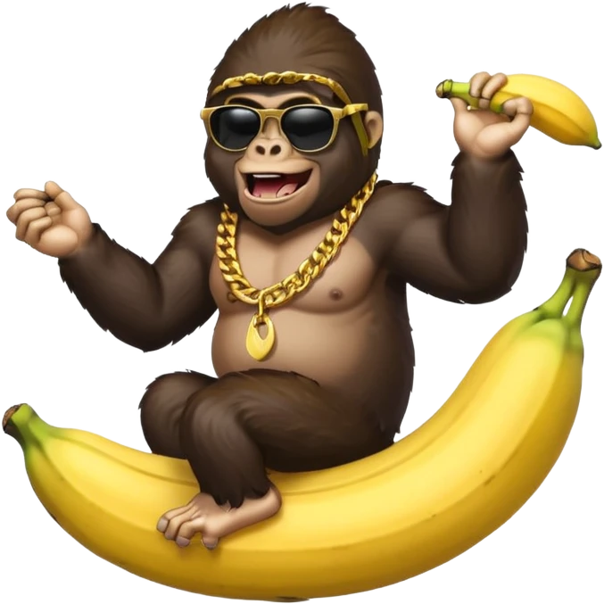 A realistic gorilla with cool shades and a gold chain riding a banana  emoji