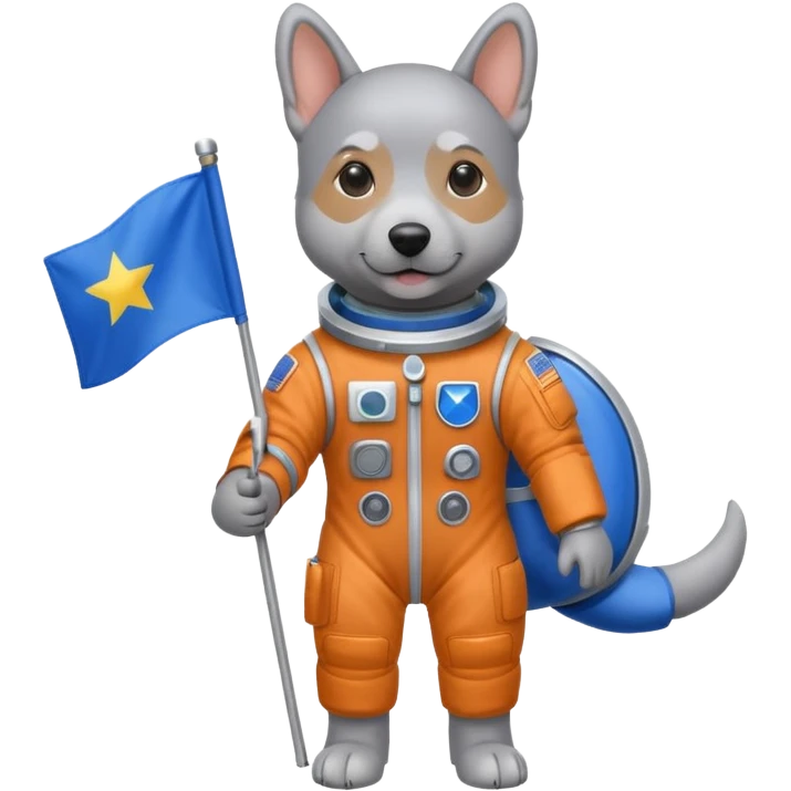 a gray dog in space suit, holding blue rectangle flag, full body, front view emoji