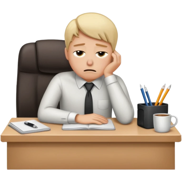 Professional person experiencing burnout, exhausted and overwhelmed, tired eyes, slumped posture, sitting at a desk, iOS emoji style emoji