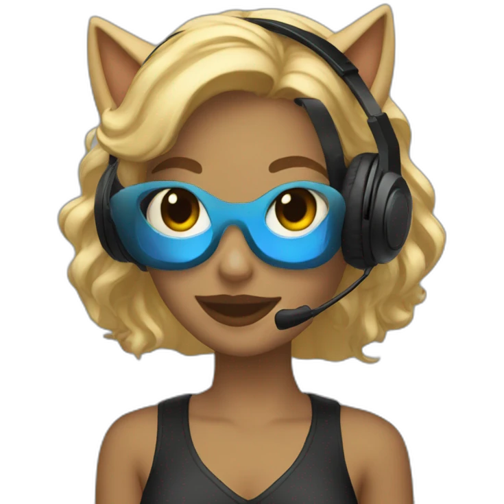 she blond developer has black cat headphones with blue lights emoji