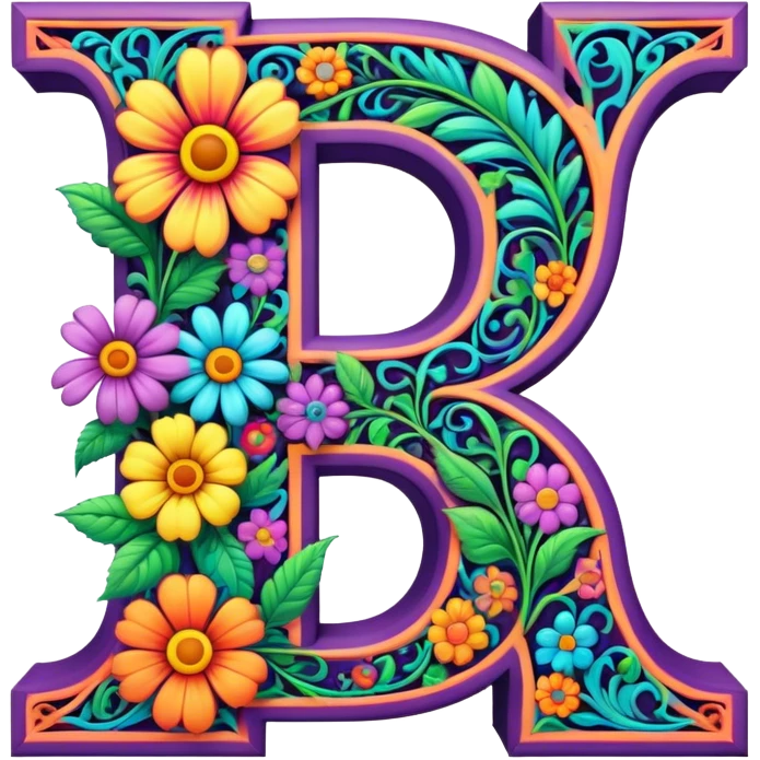 3D, gothic style psychedelic colored Letter D with hippie style flower border emoji