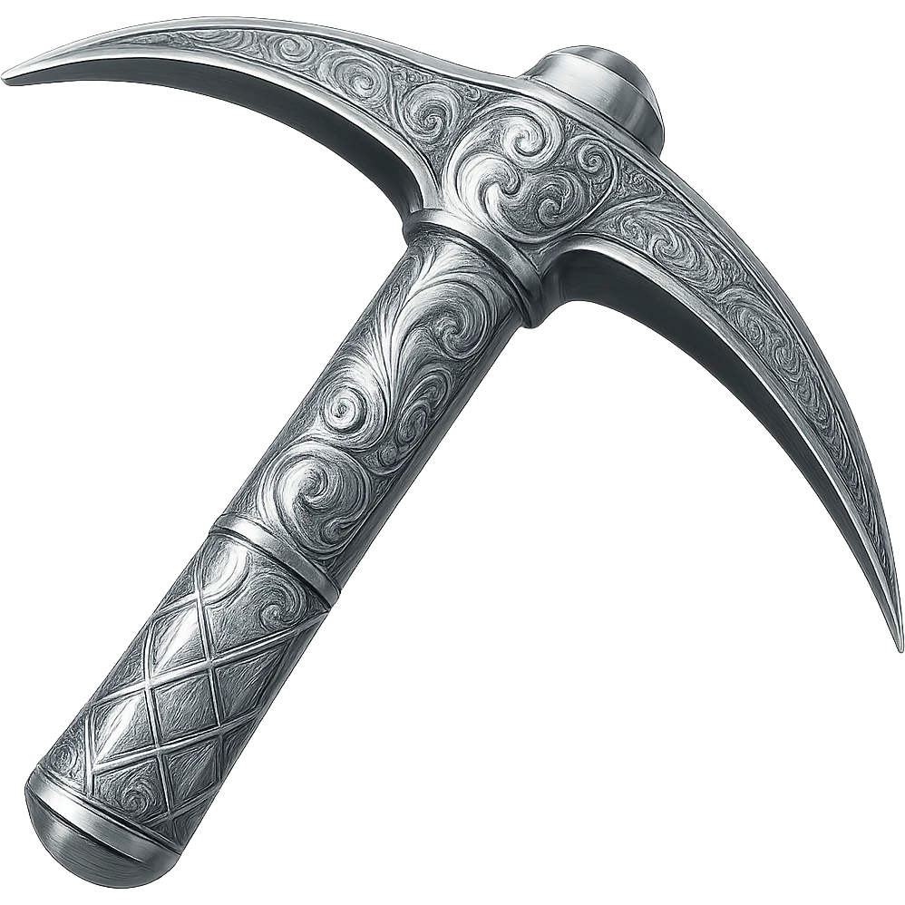 Engrave this steel pickaxe with elegant silver engravings, keep it crisp, shiny, and slightly fancier than iron, realistic metallic steel, emoji style. Transparent background. emoji