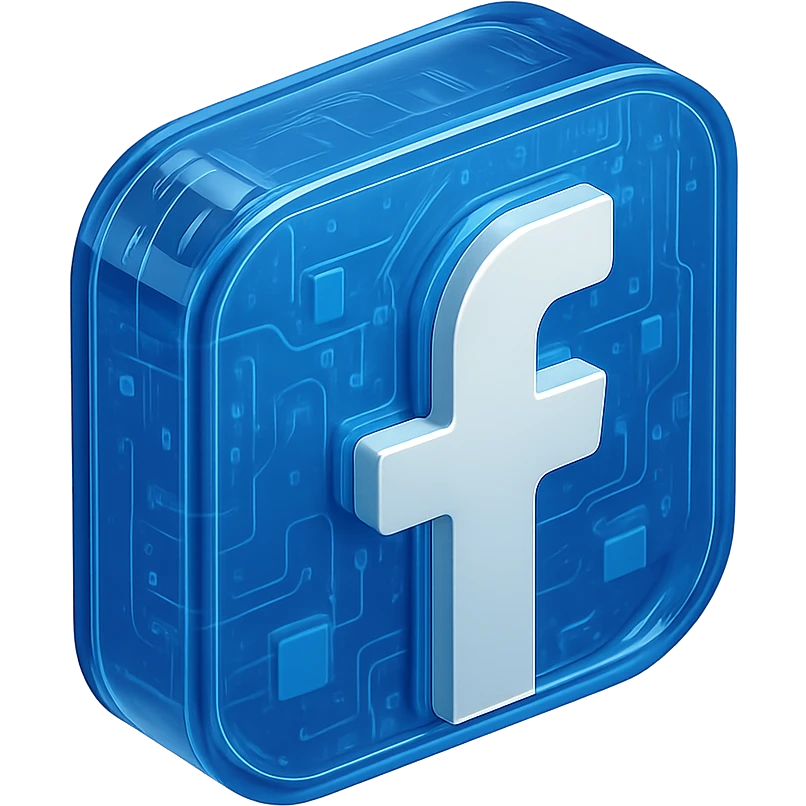 Modern Facebook logo with circuit board patterns and glossy finish, transparent background emoji