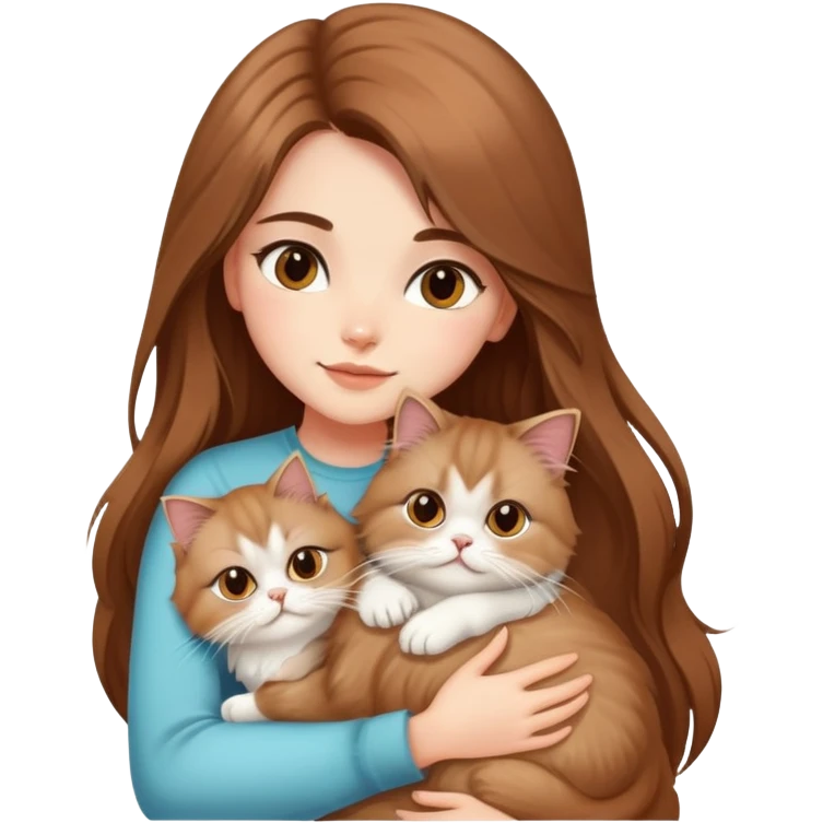 A pretty girl with long brown hair is hugging her light hair persian cat. emoji