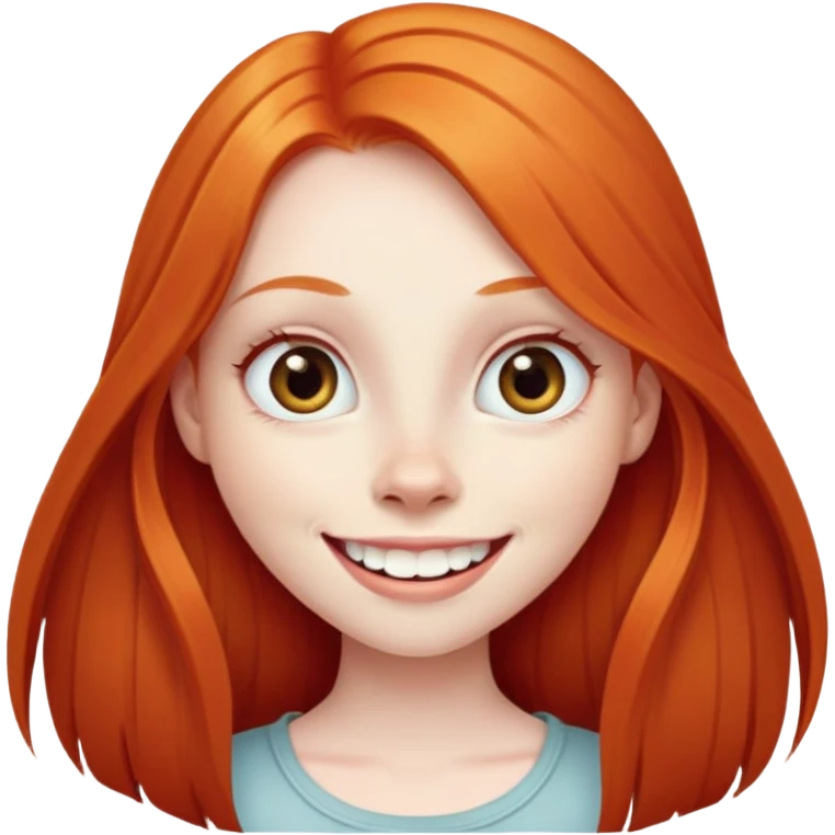 traditional emoji of young girl with very pale skin, long straight bright ginger red hair, very big wide human eyes positioned close together, wide nose, big smile with extremely large prominent teeth showing, classic round face emoji