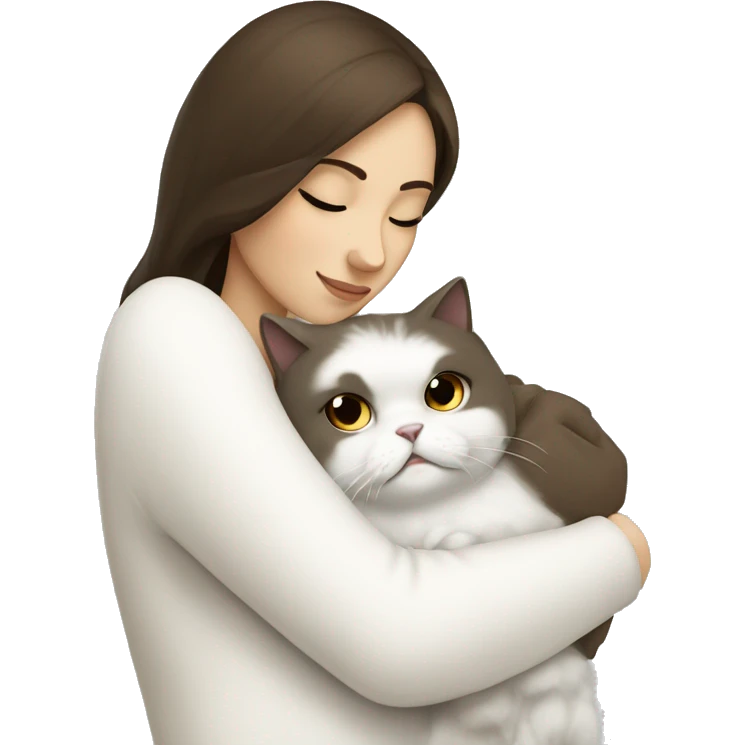 Brunette woman snuggling white Persian cat emoji