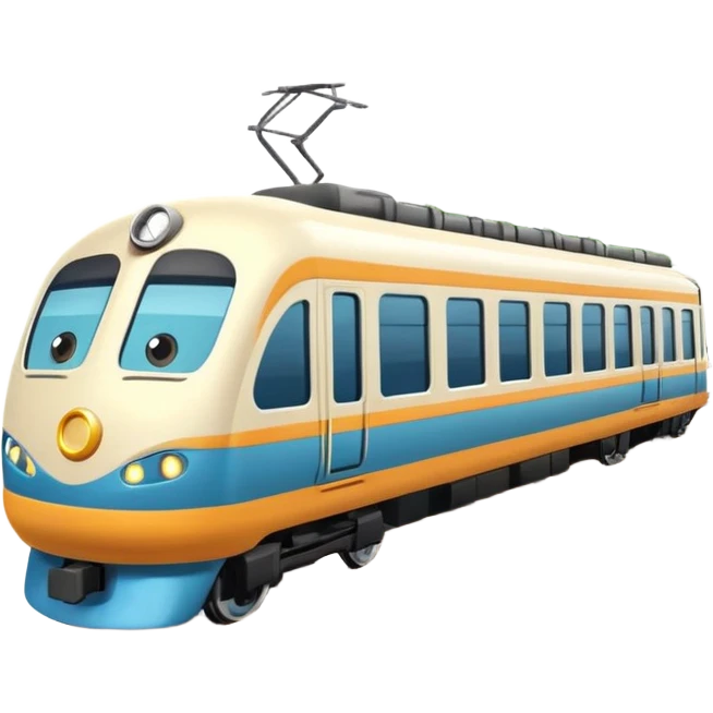 A 3D cartoon passenger train with windows and multiple cars, moving on railway tracks, bright daylight, Memoji-style. emoji