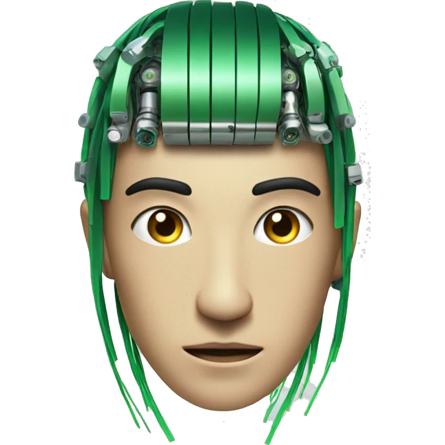 Head of Asian male cyborg with long green hair and circuits emoji