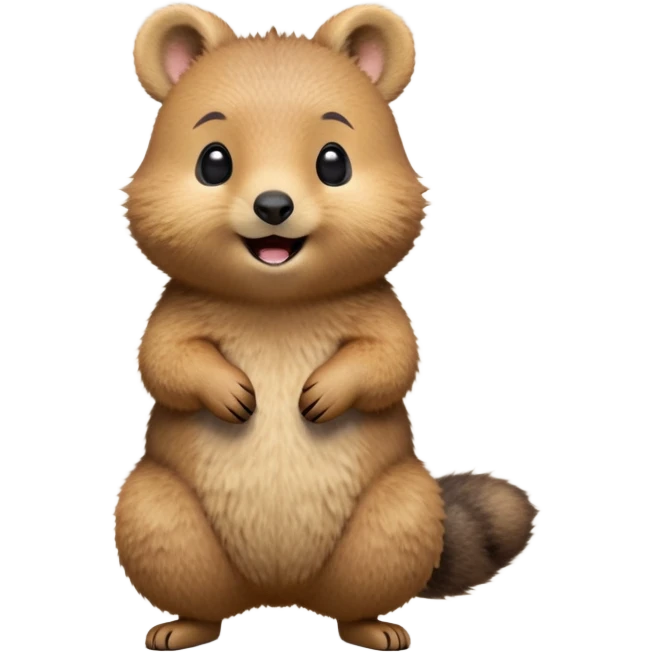 cinematic-quokka-realistic-full-body-standing on its hind legs hunched over-emoji,-small-round-frame-balanced-on-tiny-strong-hind-legs,giant fluffy cheeks large smile-fluffy-brown-fur-radiating-a-warm-softness,-big-round-eyes-filled-with-joy-and-innocence,-tiny-clawed-paws-held-close-to-chest,-cheerful-smile-exuding-endearing-happiness,-simplified-yet-realistic-focused-features,-highly-detailed,-glowing-with-a-sunny-warmth, skinny tail emoji