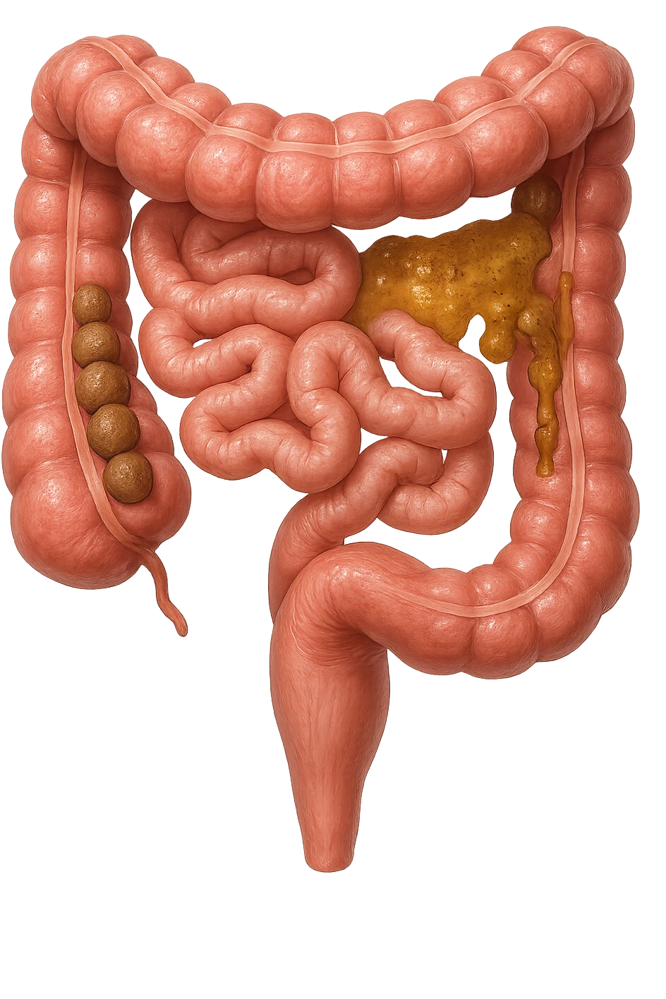 INTESTINO UMANO ANATOMICO REALISTICO CON FECI A PALLINE E FECI LIQUIDE CHE FLUTTUANO DIETRO BEN DISTINTE, IPERREALISTICO 4K emoji