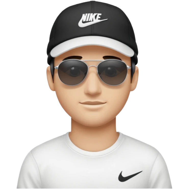 A guy wearing a white Nike shirt, a black Nike cap, and Juliet sunglasses. emoji