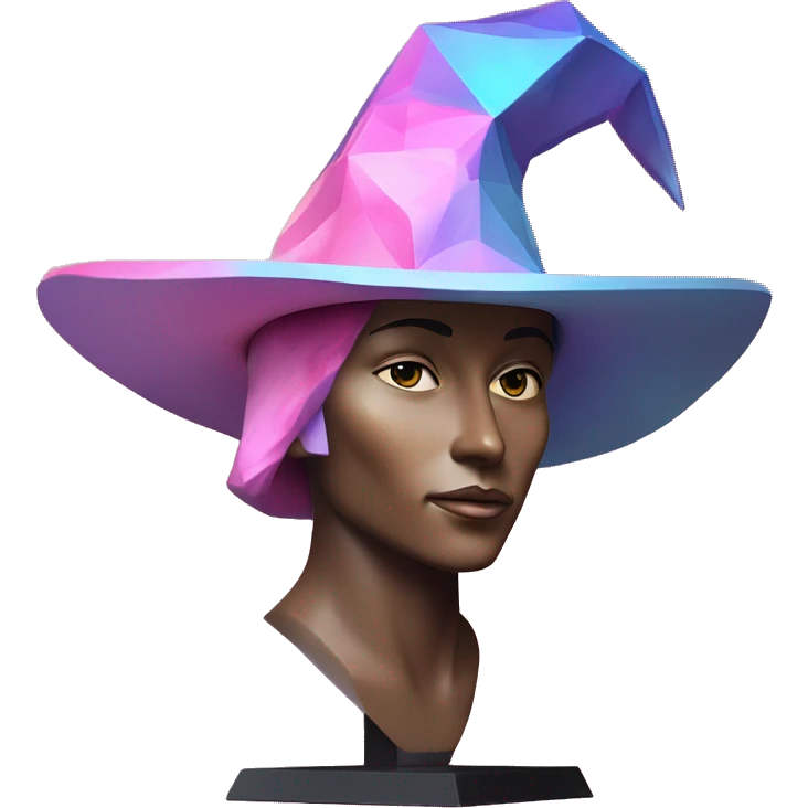 sculpture Mage hat without mannequin. Hat is geometric, faceted design. The hat is standing upright on a base with angular and baroque features. The vibrant midtone tints of pastels and pink highlights the sharp edges and planes. detailed hat emoji