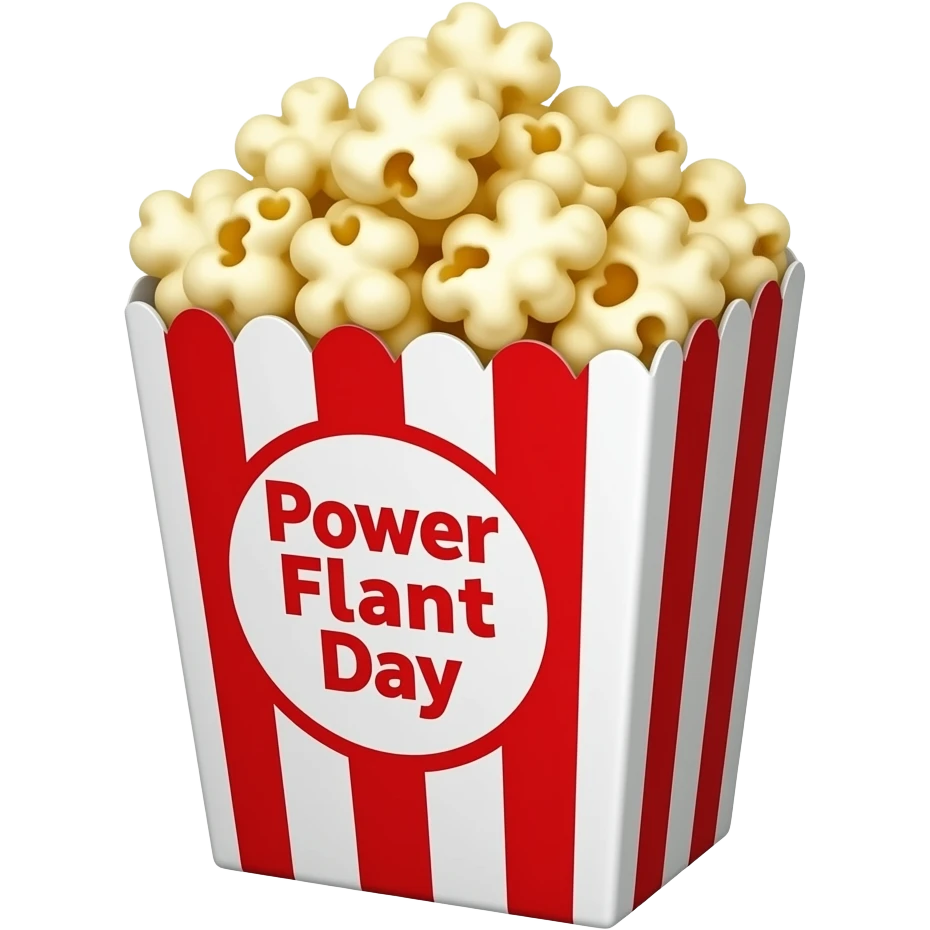 popcorn in a red and white box that says Power Plant Day in the front emoji
