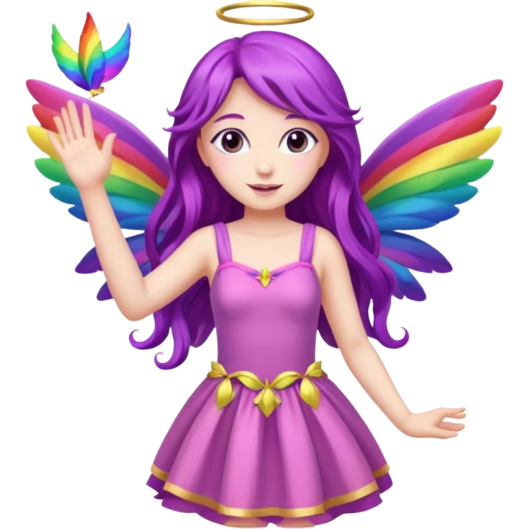 Female fairy
Long purple hair
Pink dress
Rainbow wings
Waving 
 emoji