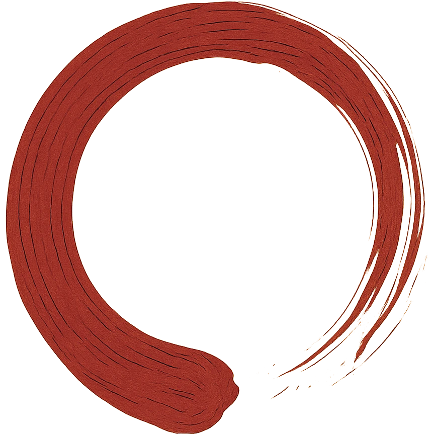 Create a Japanese style enso circle with calligraphic brush strokes. The circle's start is the thickest and the end is thinner and more ragged. Use a rich red color as in the reference image. The inside of the circle is completely empty. The background is transparent. No text or decoration. emoji