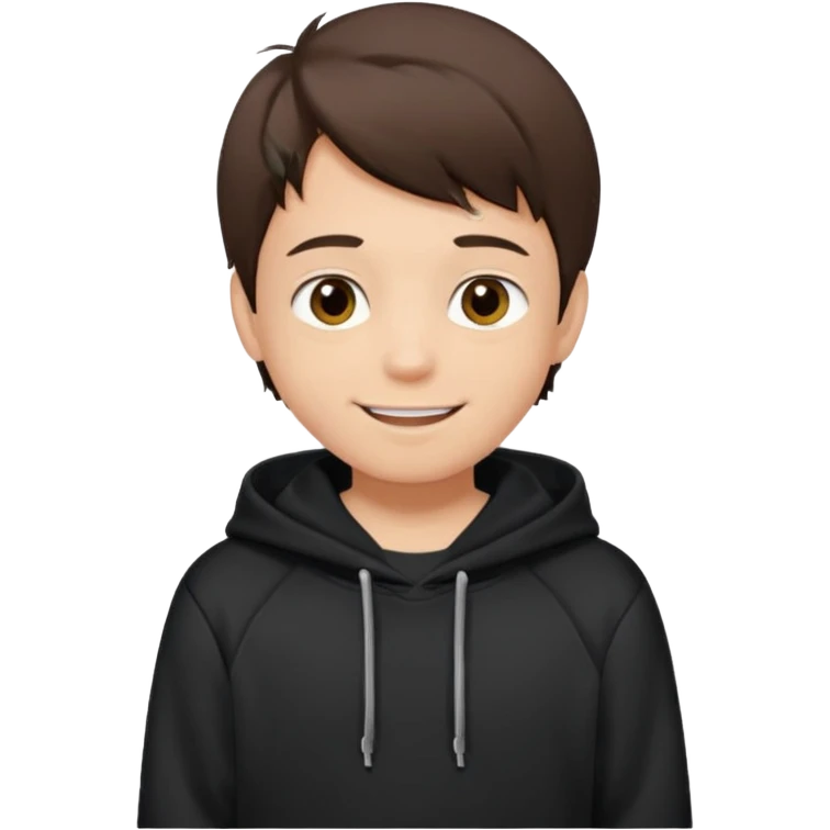 A brunette boy, short straight hair, light brown eyes, with a black sweatshirt with a hoodie, and smile without visible teeth  emoji