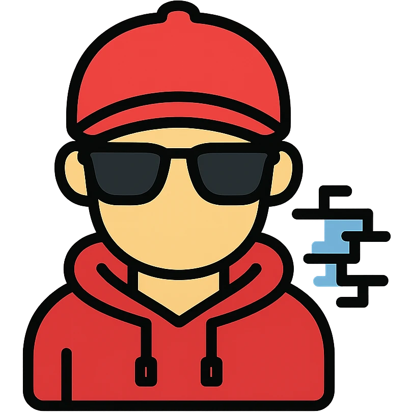 Coolkid, the Roblox hacker, as a stylized icon: red cap, sunglasses, hoodie, and a digital glitch effect, in a color outline style emoji