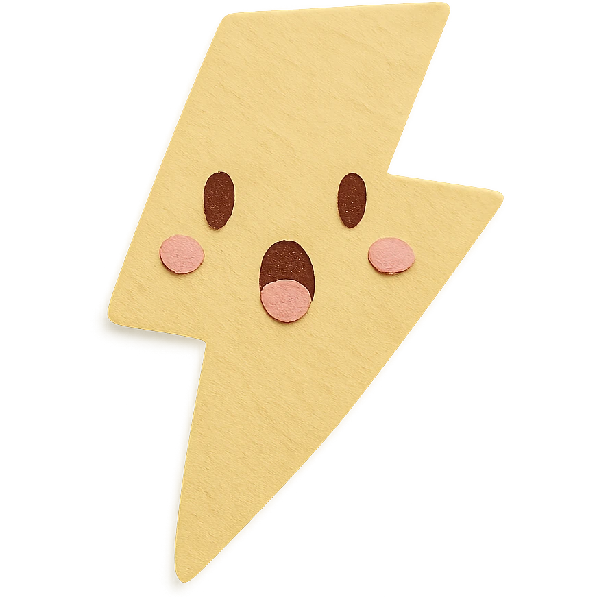 kawaii soft yellow lightning bolt with surprised expression, no arms, no legs, full body, soft pastel colors, kawaii paper craft style emoji