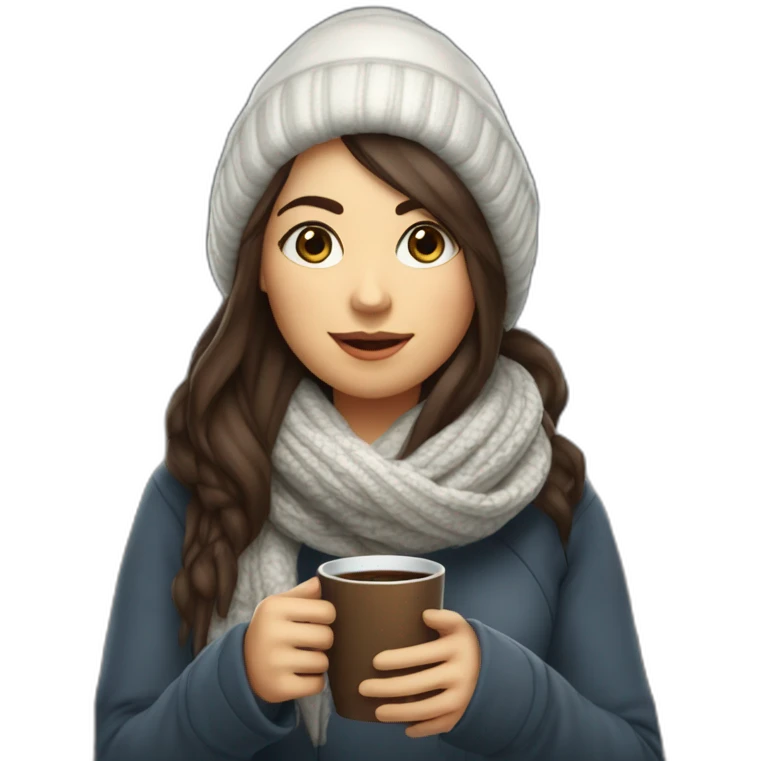 white female data science engineer with dark brown straight long hair in a tech startup wearing woolly scarf and wearing a coffee mug, not full body shot emoji