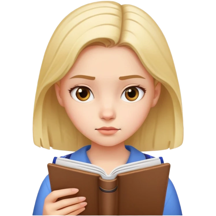 Young girl with focused expression reading a notebook emoji