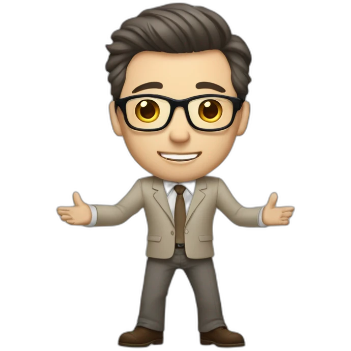 Full height Actively gesturing with hands Pale skinned fit man with dark brown hair in gray jacket, beige office shirt, brown tie, brown pants and vintage glasses. emoji