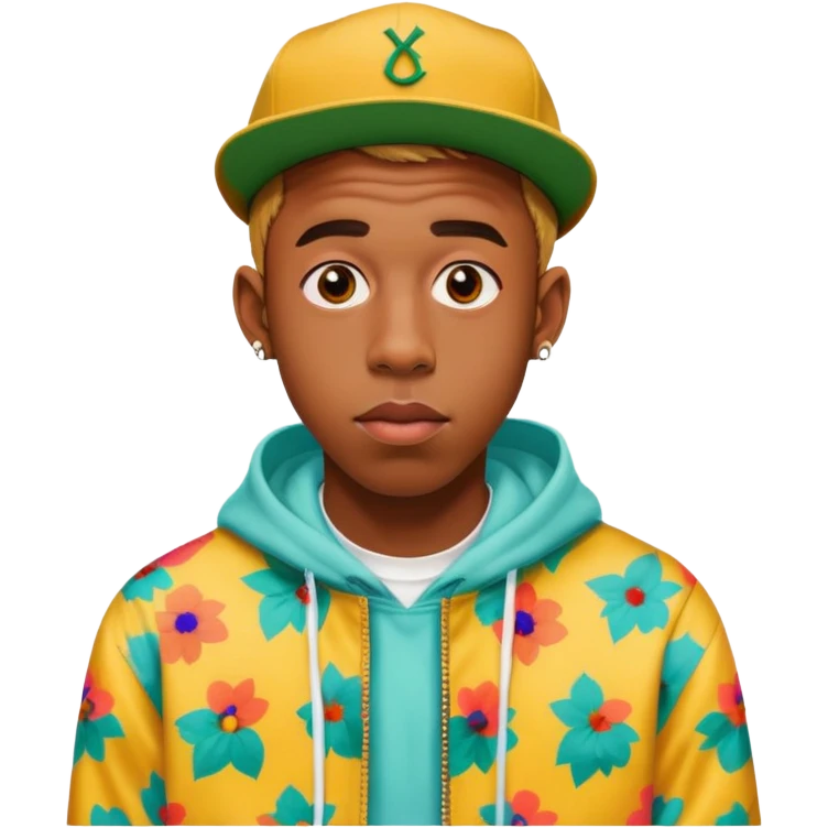 Tyler the Creator with his iconic look, wearing a colorful outfit emoji