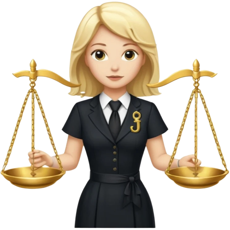woman lawyer blanche et blonde habillée avec une robe noire longue et une cravate blanche, avec la balance de la justice derrière elle emoji