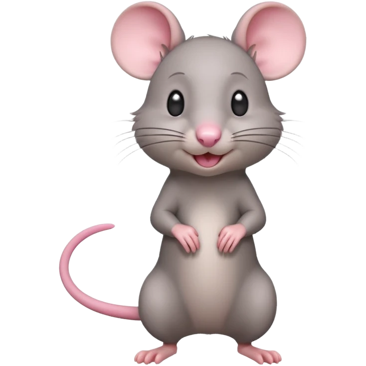 A 3D cartoon rat standing on its hind legs, gray fur, long pink tail, small round ears, curious smile, soft natural lighting, realistic yet cute Memoji-style. emoji