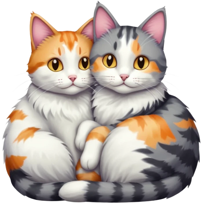 grey and white cat cuddling a colourful light patched calico + white tabby cat emoji