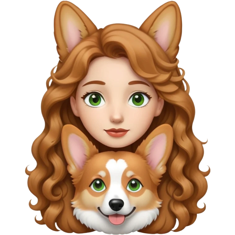 girl with long curly light brown hair light skin green eyes long face and corgi emoji