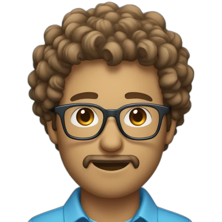 Portrait of light brown man with curly hair with a goatee and blue eyes with glasses and a sky blue shirt IT Developer emoji