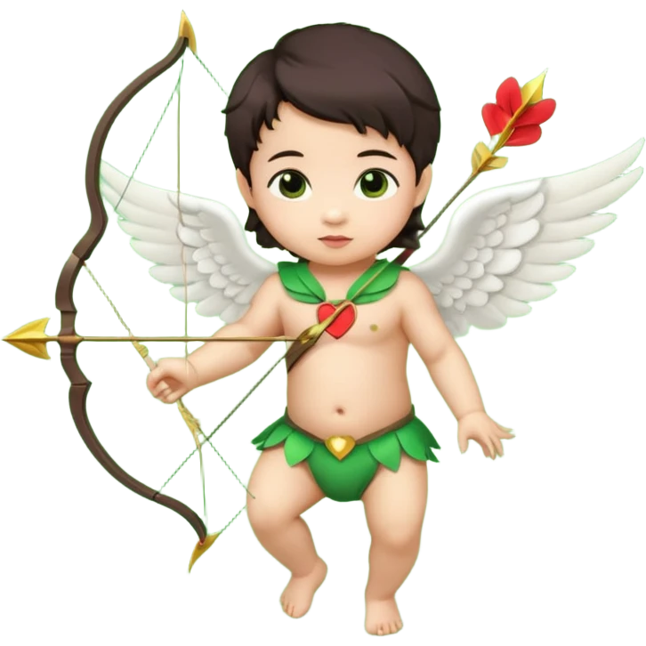 cupid asian baby flying full body with wings with brown eyes and dark hair handled bow and arrow directed to green emoji heart emoji